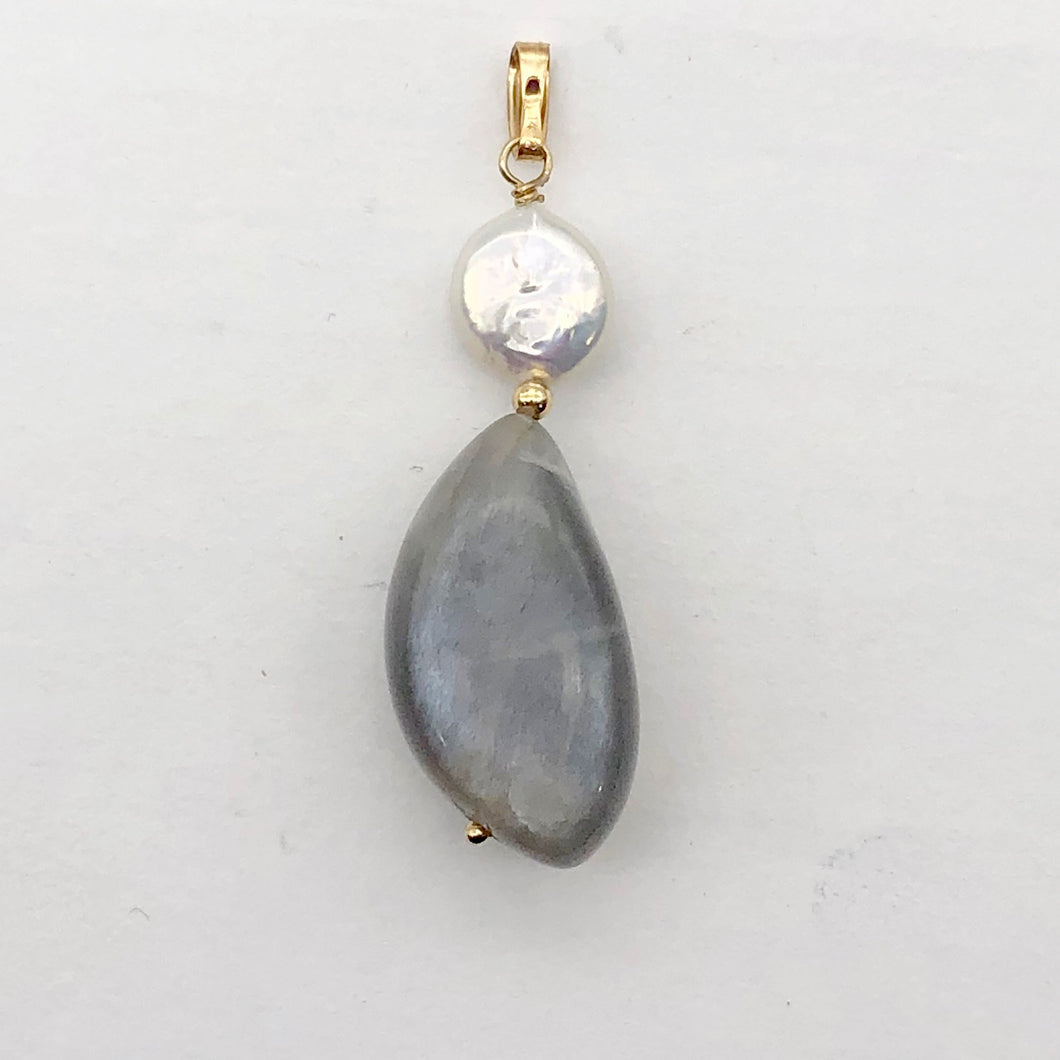 Chatoyant Moonstone Fresh Water Pearl Drop 14K Gold Filled Pendant |1 3/4