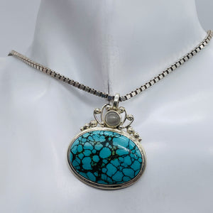 Turquoise Moonstone Goddess Sterling Silver Pendant | 1 1/2" Long | Blue Black |