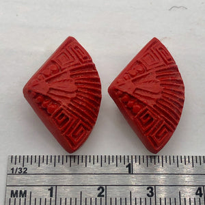 Cinnabar Carved Fan Beads | 25x15x10 mm | Red | 2 Beads |