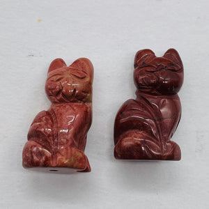 Adorable! 2 Jasper Sitting Carved Cat Beads | 21x14x10mm | Red with Green