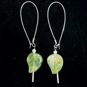 Korean Jade Carved Leaf Sterling Silver Drop Earrings | 3 1/4" Long | Green |