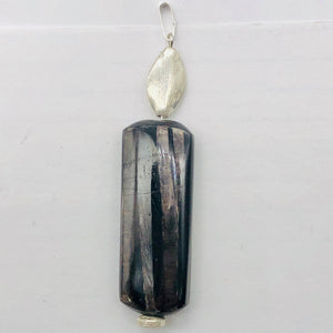 Hypersthene, Flat Rounded Rectangle Dangle Pendant | 2 1/2" Long | Black/Silver|