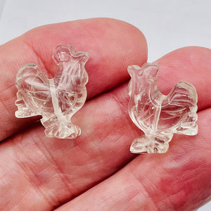 2 Cute Carved Natural Clear Quartz Rooster Beads | 21x16x8.5mm | Clear