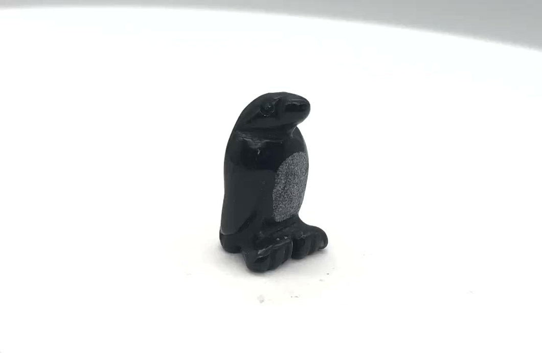 Hand-Carved Obsidian Penguin Bead Figurine! | 21.5x12.5x11mm | Black/White