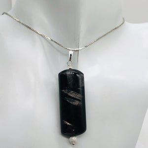 Hypersthene, Flat Rounded Rectangle Dangle Pendant| 2 1/2 ' Long | Black/Silver|