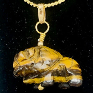 Tigereye Hand Carved Bison / Buffalo 14Kgf Pendant | 21x14x8mm (Bison), 5.5mm (Bail Opening), 1" (Long) | Gold/Brown - PremiumBead Alternate Image 5