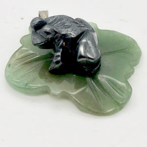 Ribbit Hematite Frog On Aventurine Lily pad Pendant | 28x28.5x11mm | Silver black