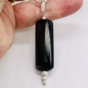 Hypersthene, Flat Rounded Rectangle Dangle Pendant| 2 1/2 ' Long | Black/Silver|