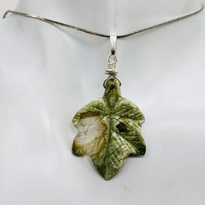 Ryolite Rain Tree Jasper Sterling Silver Leaf Pendant|2" Long |Green | 1 Pendant