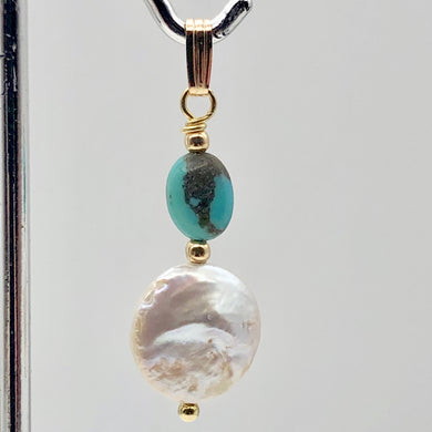 Natural Turquoise & Drop FW Pearl 14Kgf Pendant | 1 3/8