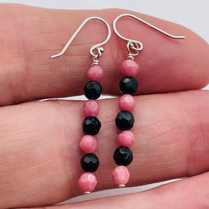 Rhodonite Onyx Sterling Silver Drop Earrings | 1 1/2" Long| Pink/Black 1 Pair |