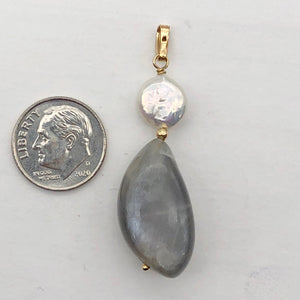 Chatoyant Moonstone Fresh Water Pearl Drop 14K Gold Filled Pendant |1 3/4" Long|