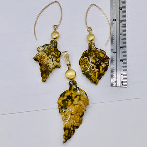 Jasper 14K Gold Filled Set Leaf | 2 1/2" Long | Tan | 1 Earrings and Pendant |