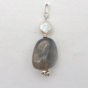 Moonstone Chatoyant Sterling Silver and Pearl Drop Pendant | 2" Long | Silver |