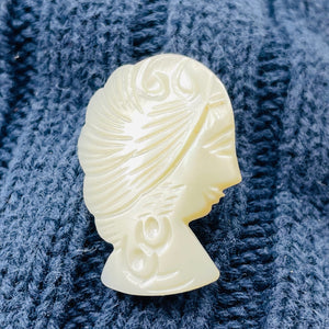 Mother of Pearl Carved Woman Sweater Pin | 1 1/8" Long | White| 1 Lapel Pin |