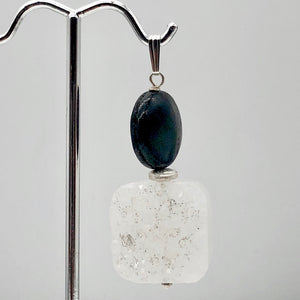 White Druzy Quartz and Hypersthene 20mm Square Coin Silver Pendant | 2" Long |