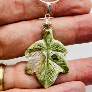 Ryolite Rain Tree Jasper Sterling Silver Leaf Pendant|2" Long |Green | 1 Pendant
