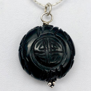 Carved Long Life Obsidian Coin Bead Sterling Silver Pendant - PremiumBead Alternate Image 5