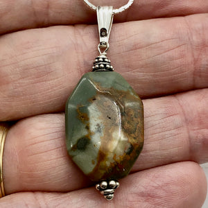 Owyhee Jasper Sterling Silver Drop Pendant | 1 3/4" Long| Green/Brown| 1 Pendant