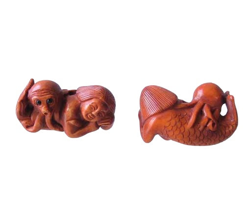 Hand Carved Boxwood Mermaid & Octopus Ojime/Netsuke Bead