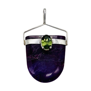 Sugilite Peridot Sterling Silver Oval Pendant | 1 1/2" Long | Purple Green | 1 |