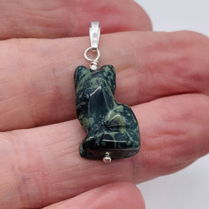 Adorable! Kambaba Jasper Carved Sitting Cat Sterling Silver Pendant