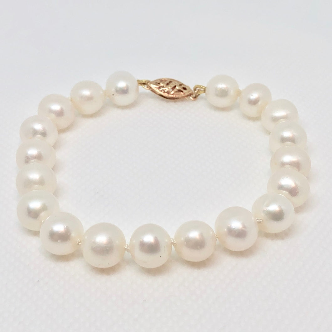 14K Yellow Gold 8.5mm White Near Round Freshwater Pearl Bracelet 402639 - PremiumBead Primary Image 1