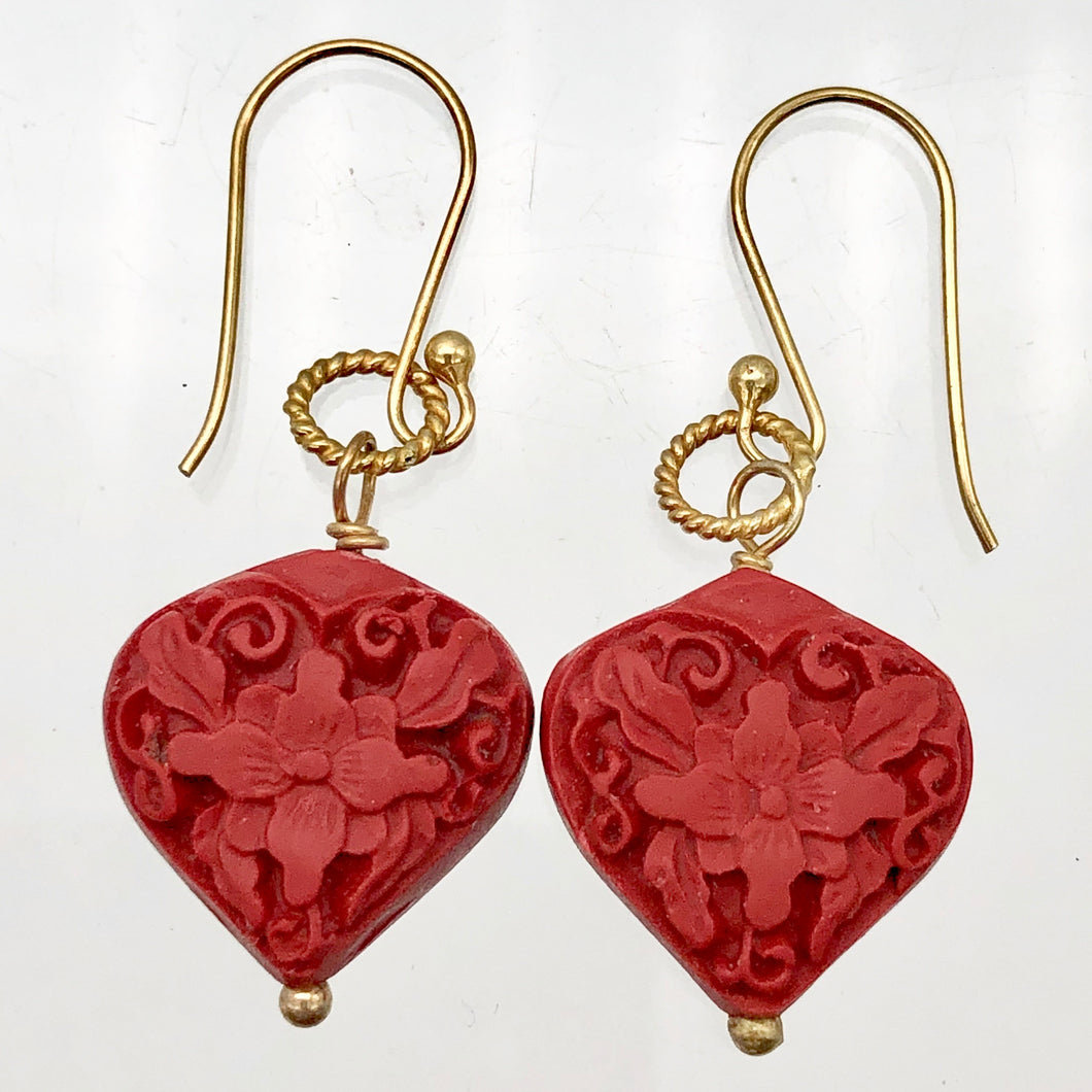 Carved Red Cinnabar Orchid Heart Bead 14K Gold Filled Earrings | 1 3/4