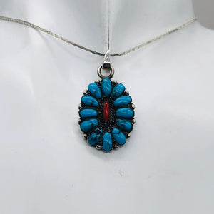 Turquoise Coral Sterling Silver Blossom Pendant | 1 1/4" Long | Blue/Red |