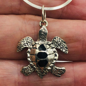 Turtle in Sterling Silver with Onyx Accent Pendant | 1 1/4" Long | Silver |