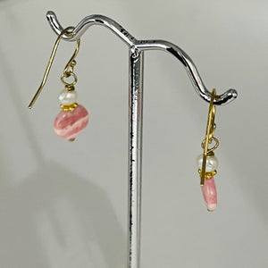 Rhodochrosite and Pearl Drop 14K Gold Filled Earrings | 1 1/2" Long |